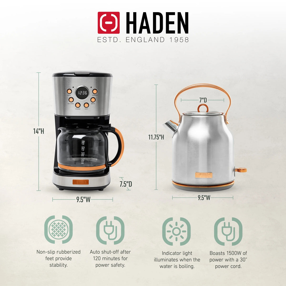 Haden Coffee Maker & Heritage 1.7 Liter Electric Kettle, Black & Chrome