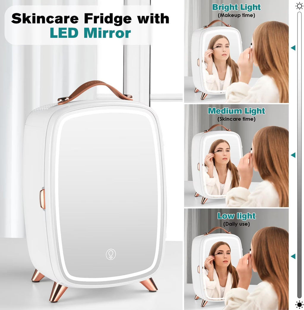 Skincare Fridge 6L White with Dimmable LED Mirror, Portable for Bedroom Car Office Dorm