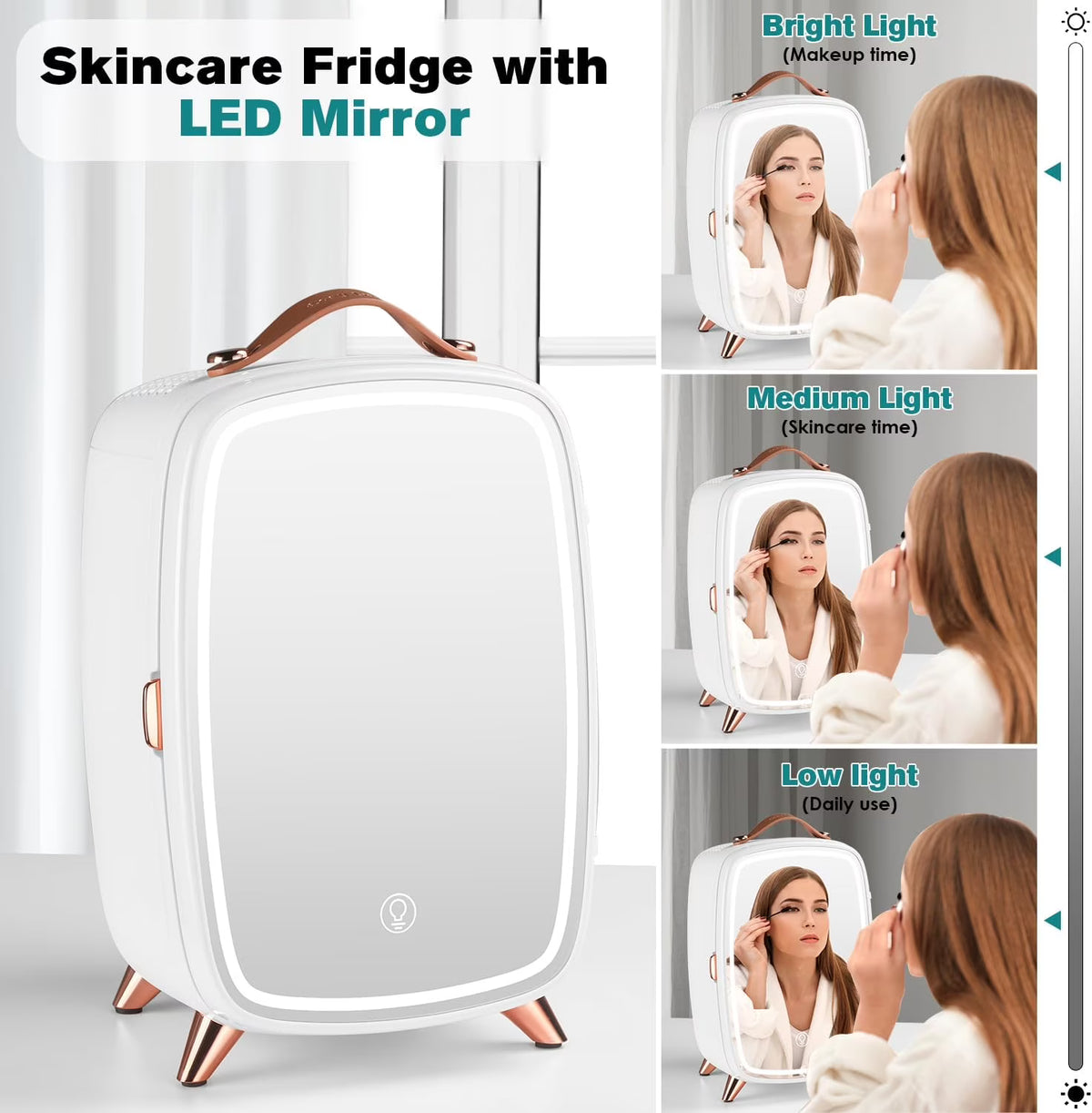 Skincare Fridge 6L White with Dimmable LED Mirror, Portable for Bedroom Car Office Dorm