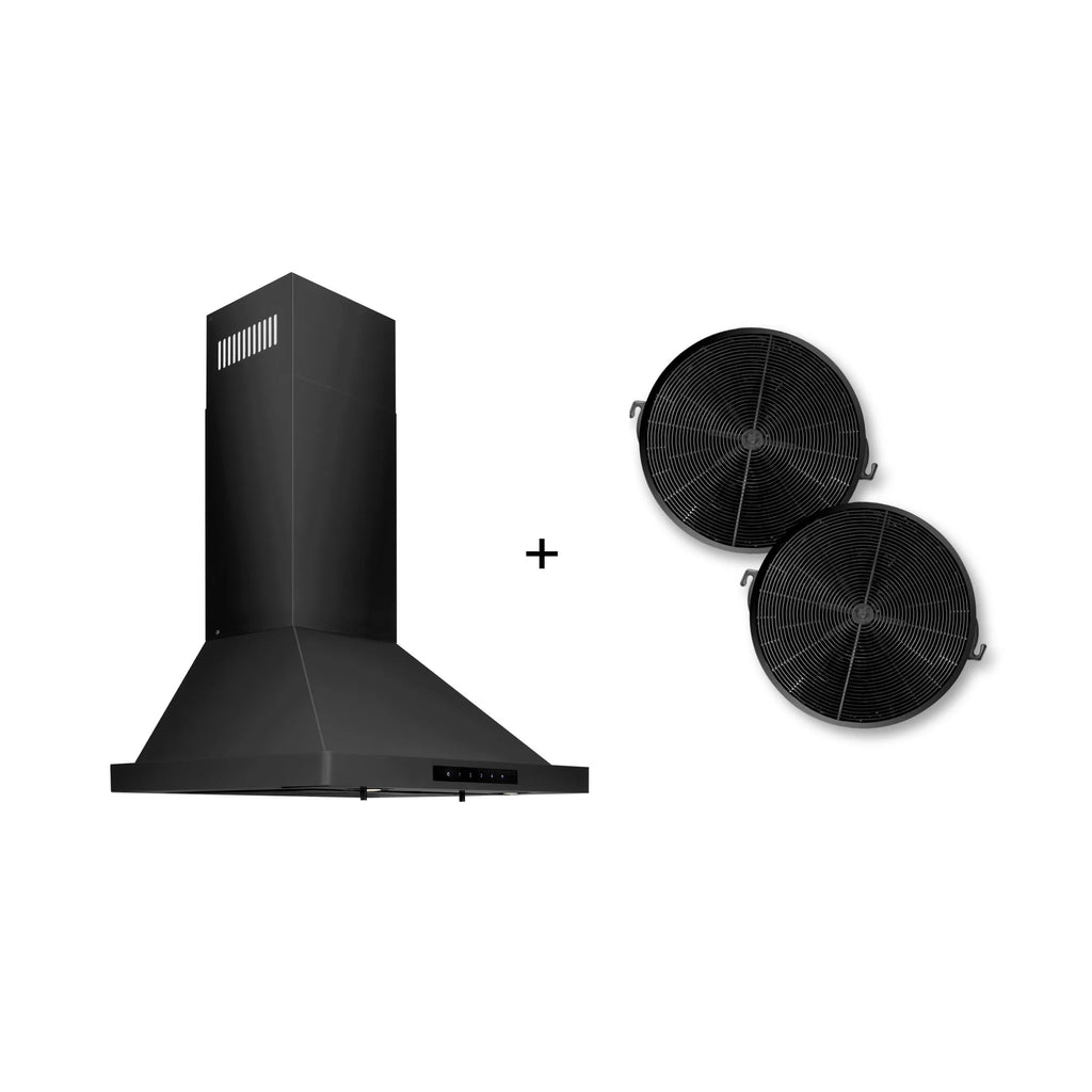 ZLINE 30" Convertible Wall Mount Range Hood in Black Stainless Steel with Set of 2 Charcoal Filters, LED lighting and Dishwasher-Safe Baffle Filters (BSKBN-CF-30)