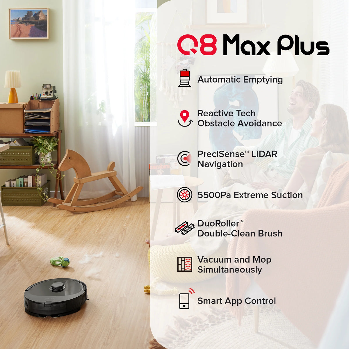 Roborock Q8 Max+ Robot Vacuum and Mop with Self-Emptying, Obstacle Avoidance, LiDAR Navigation, 5500Pa Suction Power, and App Control