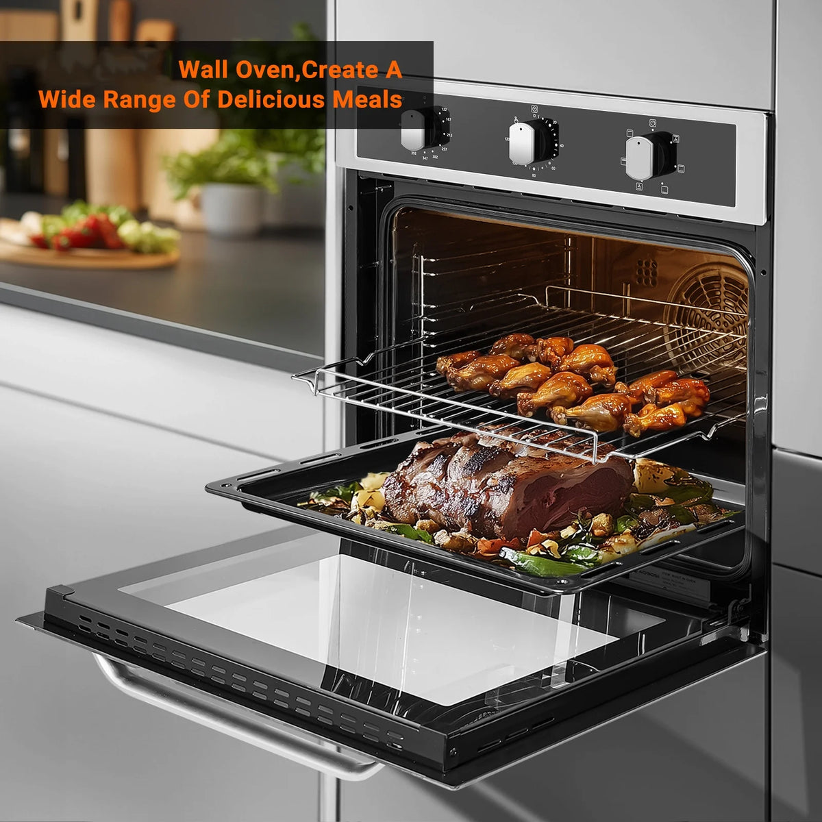 24" Single Wall Oven, Sunmaki 2.5 Cu. Ft. Built-in Electric Oven with 5 Cooking Functions, Mechanical Knobs Control