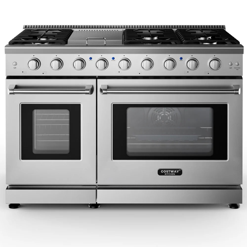 Spaco 48 Inches Freestanding Natural Gas Range with 7 Burners Cooktop, Gas Cooktop for Kitchen, Stainless Steel