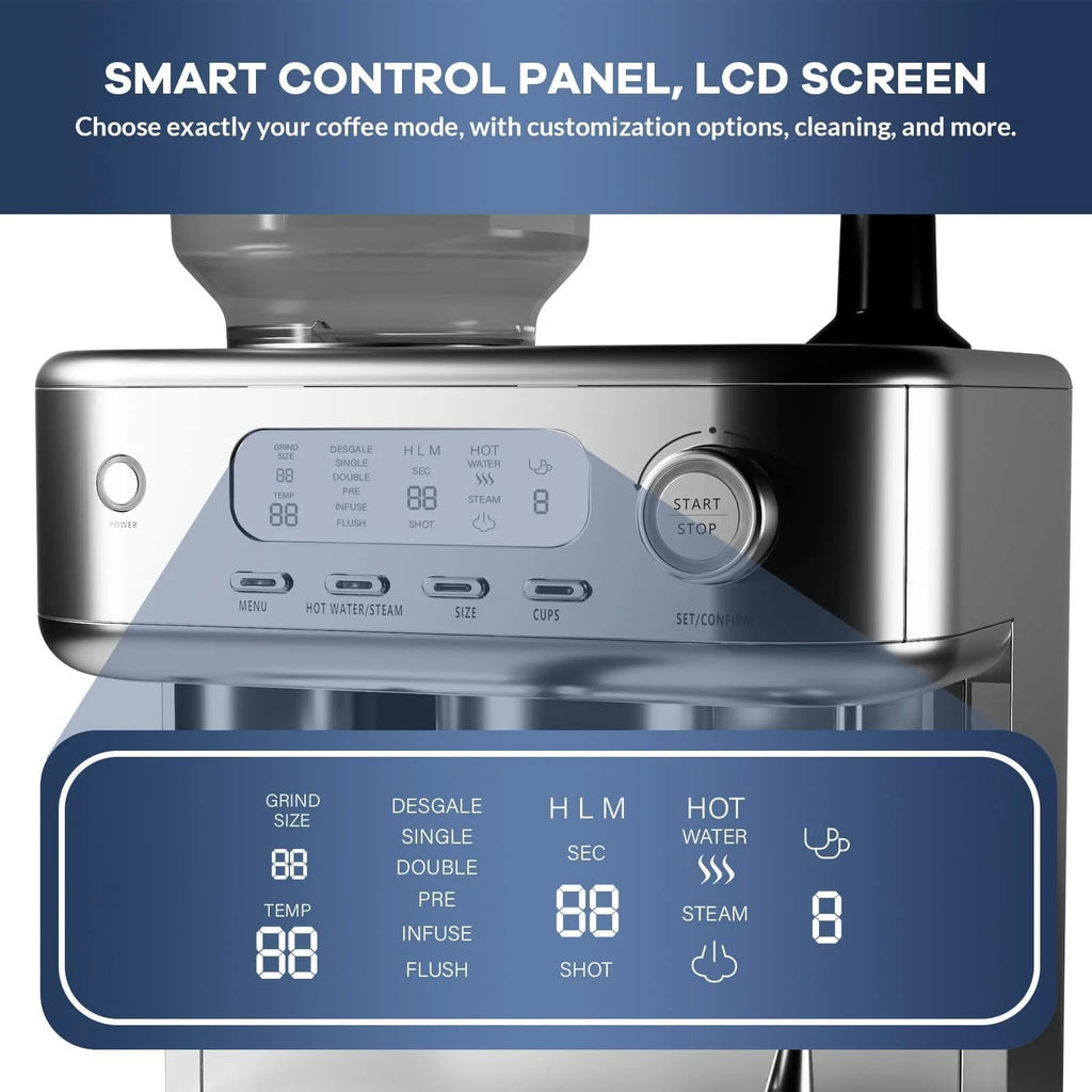 Espresso Machine with Built-in Grinder,Italian ULKA 15 Bar Espresso Machine - 85oz Water Tank, Dual PID Control, Milk Frother & Auto-Cleaning for Perfect Lattes and Cappuccinos