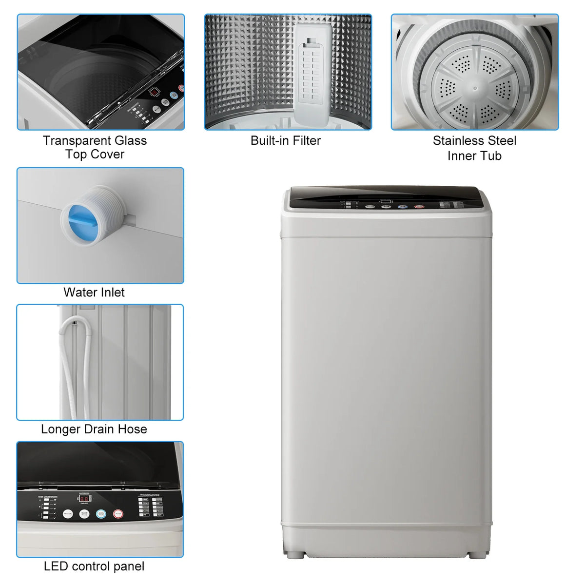 TABU 19lbs Portable Washing Machine,2.5 Cu.ft Full Automatic Washing Machine,Top Load,White