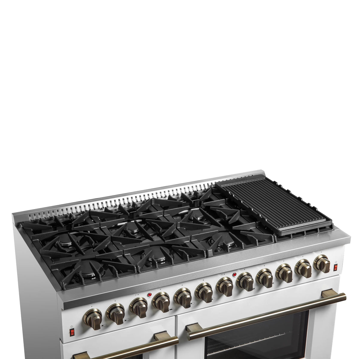 Galiano 48-inch Dual Fuel Range White  Antique Brass Design with 8 Sealed Burners 107,000 BTU, 6.58 cu. ft. double ovens  Griddle