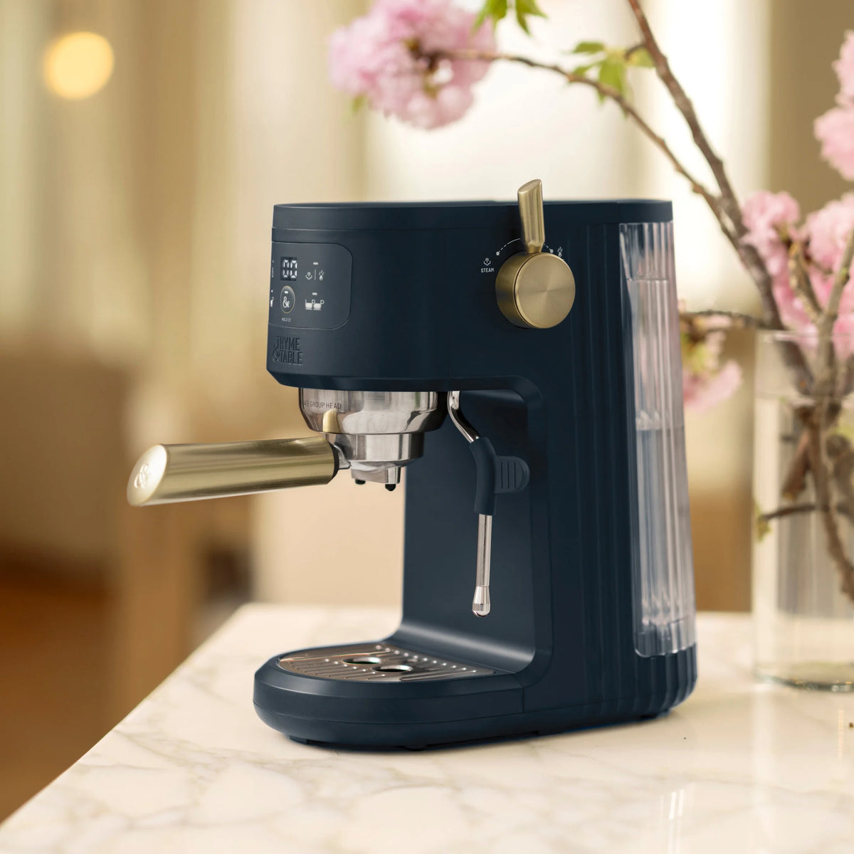Thyme & Table Barista Mini Espresso Machine with 15-Bar Pressure and Steam Wand, Sand White