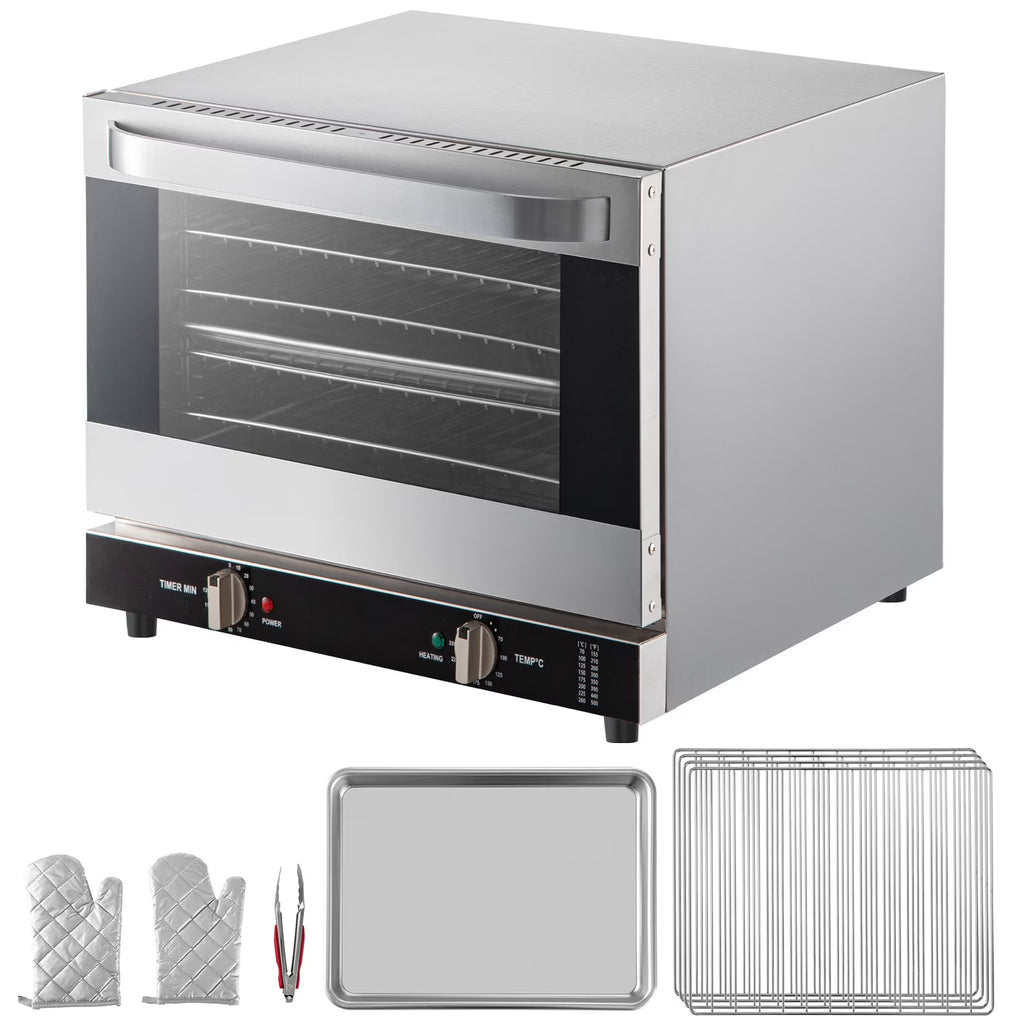 VEVOR Commercial Convection Oven,21L/19Qt,Quarter-Size Conventional Oven Countertop,1440W 3-Tier Toaster with Front Glass Door,Electric Baking Oven with Trays Wire Racks Clip Gloves