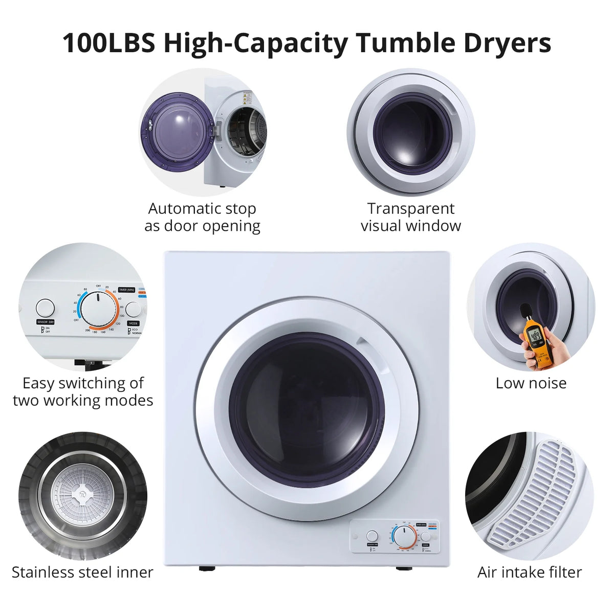 1500W Electric Portable Clothes Dryer, 8.82 lbs Capacity Front Load Compact Tumble Laundry Dryer with Stainless Steel Tub, Easy Control Button Panel Downside for Variety Drying Mode, White