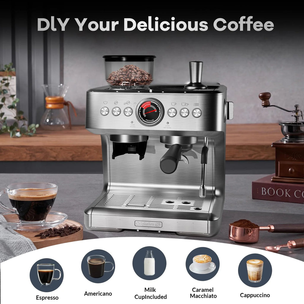 Danolapsi Espresso Coffee Machine,Espresso Machines with Grinder,20 Bar Professional Coffee Maker with Milk Frother Steam Wand,2.8L Water Tank,15 Grinding Setting Espresso Cappuccino/Latte Maker