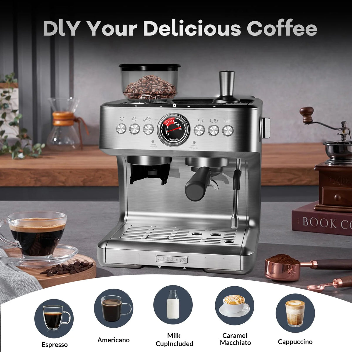 Danolapsi Espresso Coffee Machine,Espresso Machines with Grinder,20 Bar Professional Coffee Maker with Milk Frother Steam Wand,2.8L Water Tank,15 Grinding Setting Espresso Cappuccino/Latte Maker