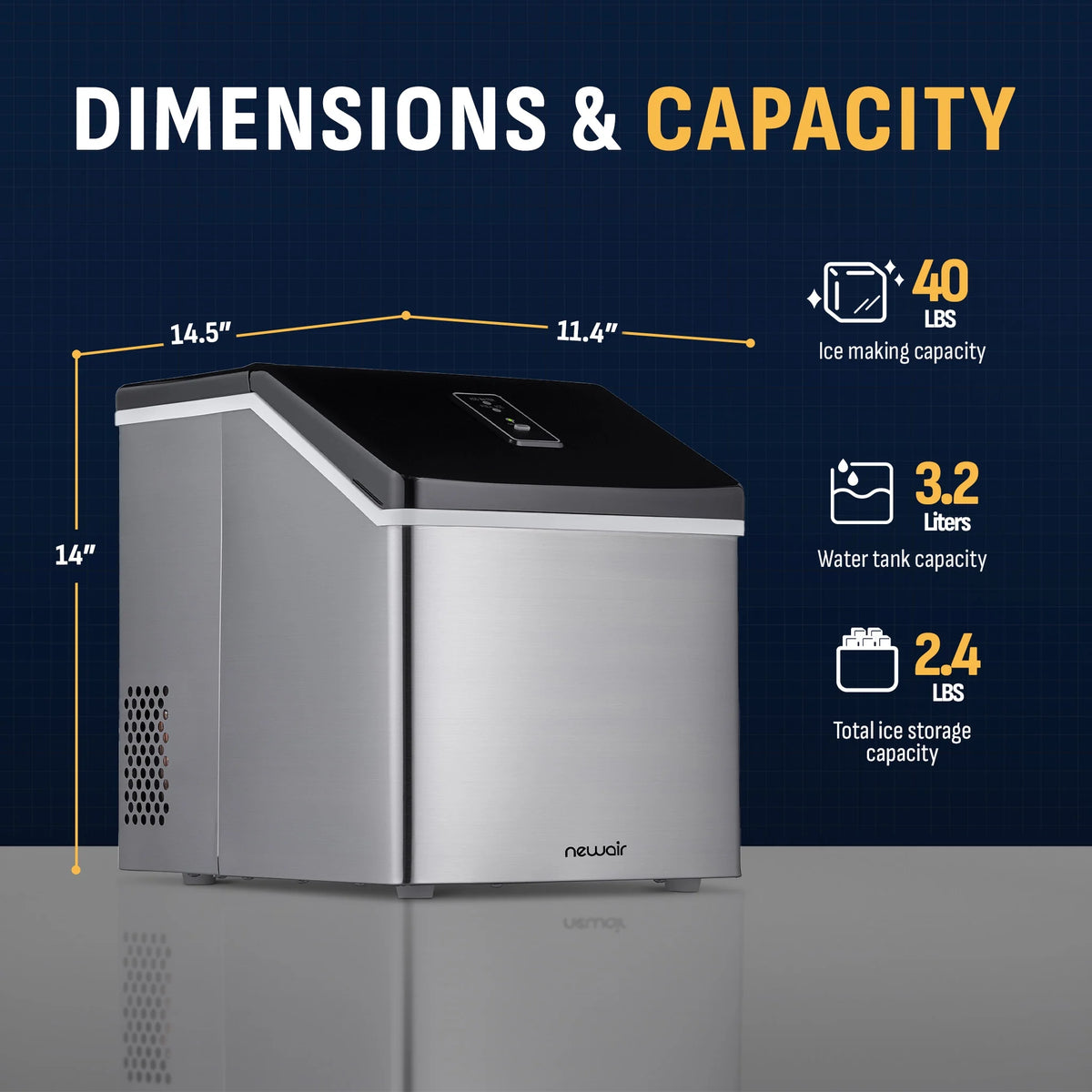 Newair Portable Countertop 40lb Clear Ice Maker Machine, Stainless Steel
