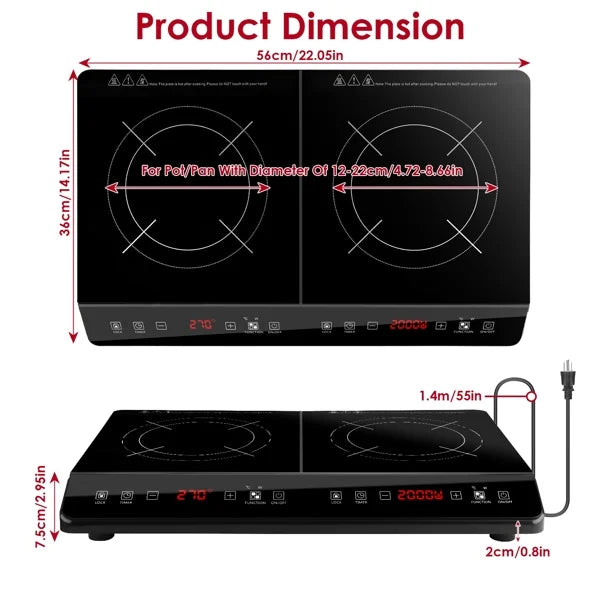 Dual Burner Induction Cooktop, 9 Power/Temperature Levels with Smart Timer, Safety Lock for Simmer/Fry/Boil