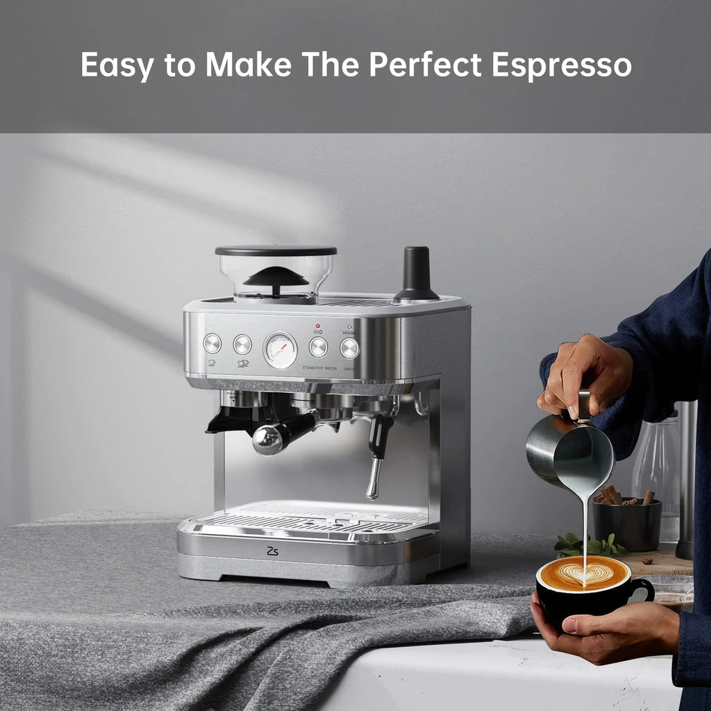 AOILE Espresso Machine with Grinder and Milk Frother �?15 Bar Pump for Cappuccino and Latte, 85oz Removable Water Tank, Stainless Steel, Steam Wand, Auto-Purge Function