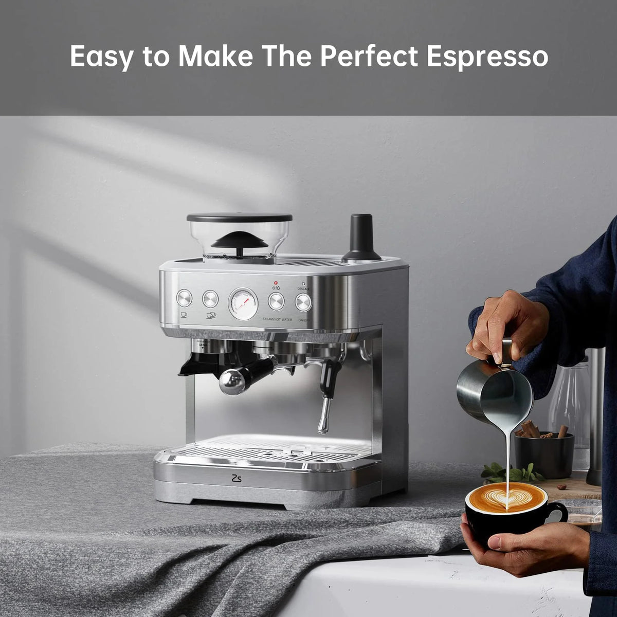 AOILE Espresso Machine with Grinder and Milk Frother �?15 Bar Pump for Cappuccino and Latte, 85oz Removable Water Tank, Stainless Steel, Steam Wand, Auto-Purge Function