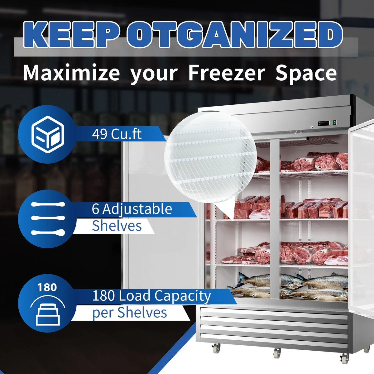 Chingoo 49 Cu.Ft Commercial Freezer, Double Doors, 54" Reach-in Stainless Steel Upright Refrigerator with Lock, Fan Coolingfor Restaurant and Bar