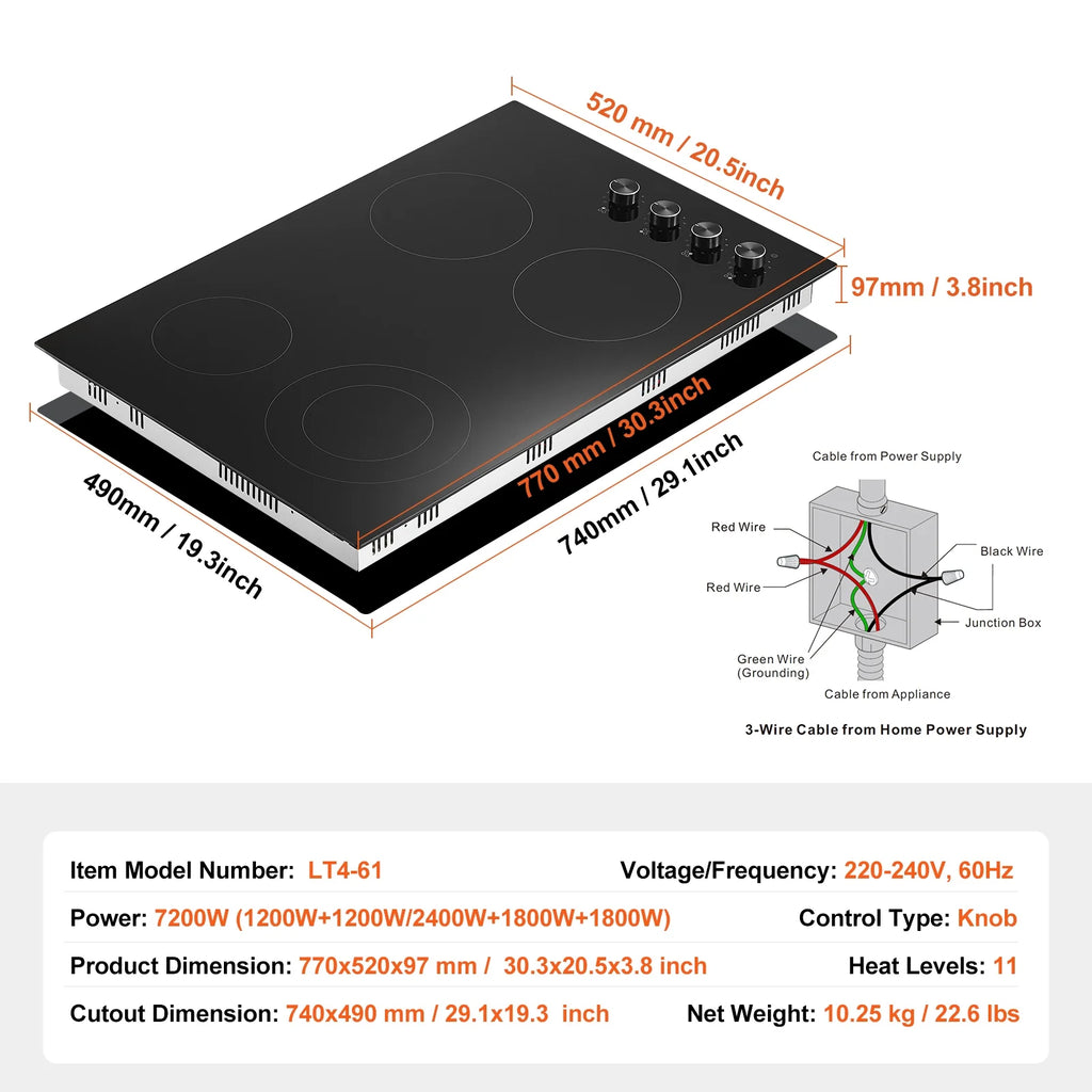 KFFKFF Built-in 4 Burner Electric Cooktop, 7200W Electric Range, 30" Electric Cooktop with Glass Surface, Knob Control, 11 Temperature Settings, 220-240V, Direct Wiring Required