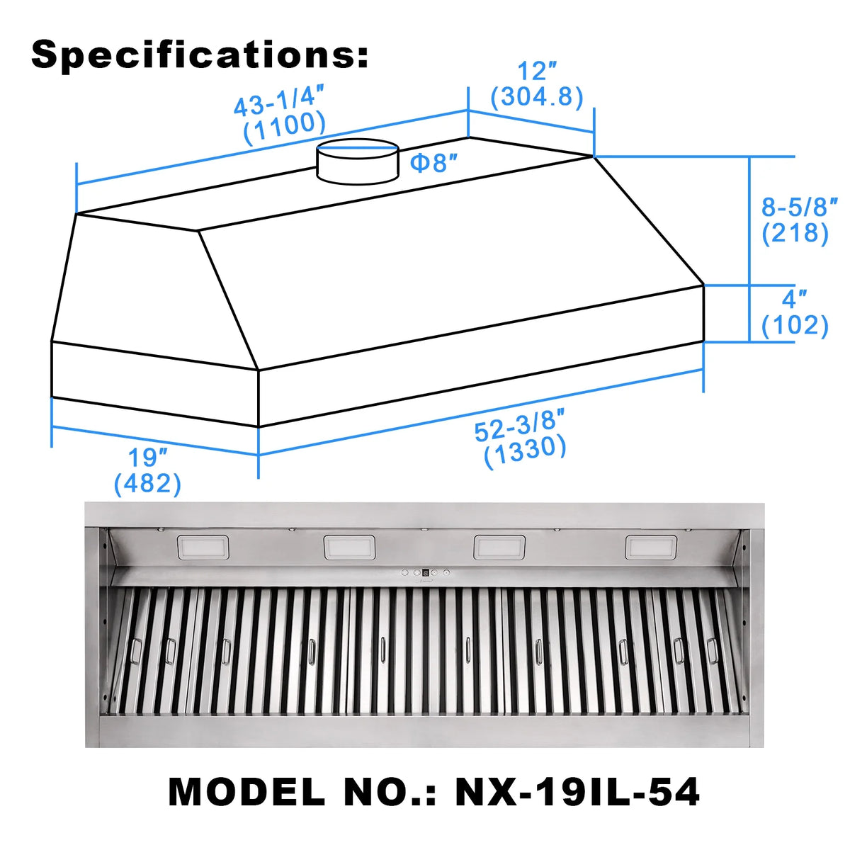 Akicon 48 Inch Range Hood Insert, Stainless Steel 8" Ducted Insert/Built-in Kitchen Vent Hood with 1200 CFM Suction, Dimmable LED Lights and Dishwasher Safe Filters, 4 Speed-Cool White