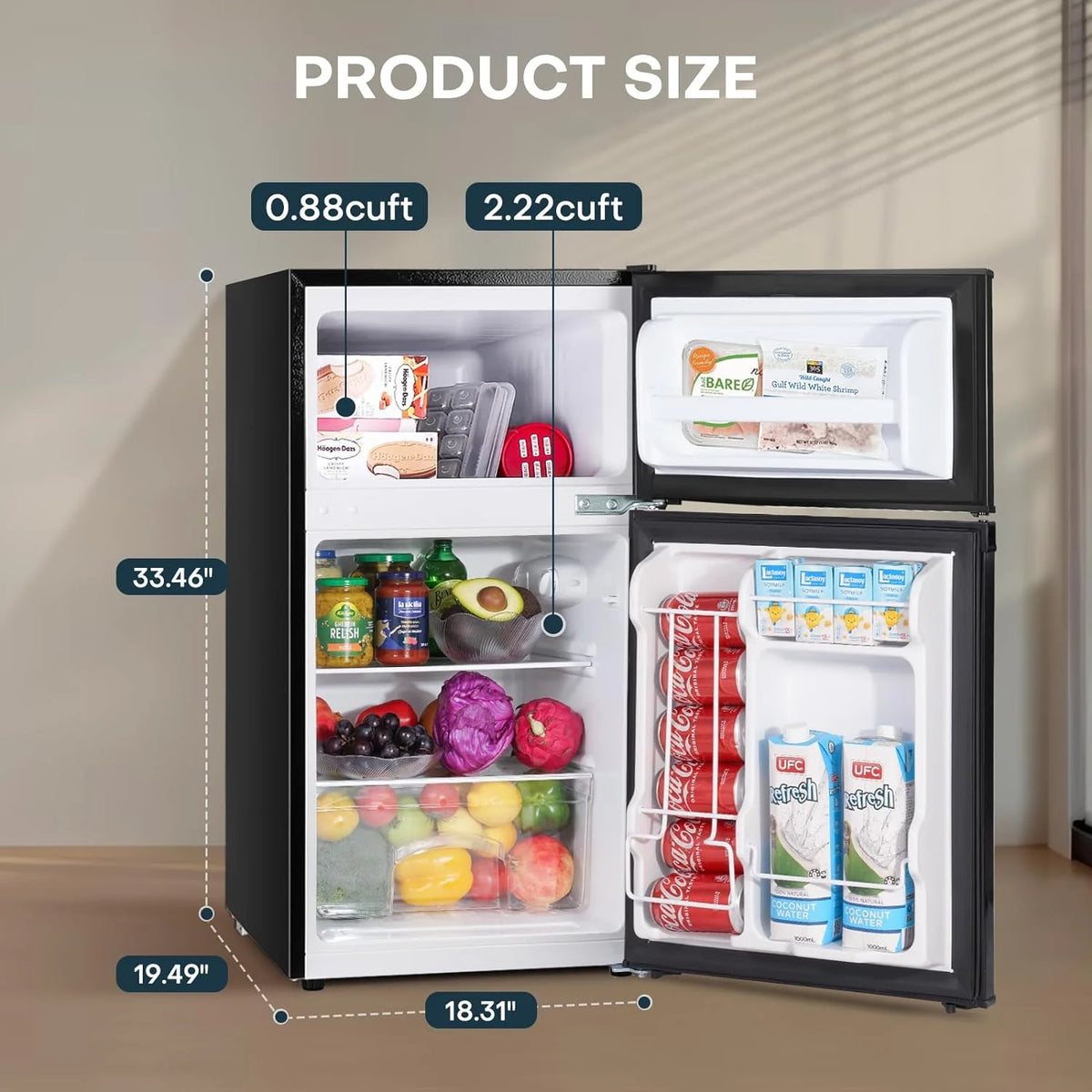 Upstreman 3.1 Cu.Ft Mini Fridge with Freezer, Double Door Small Fridge, Dorm Essentials, Adjustable Thermostat, Energy Saving, Mini Refrigerator for Office, Dorm,Bedroom, Stainless