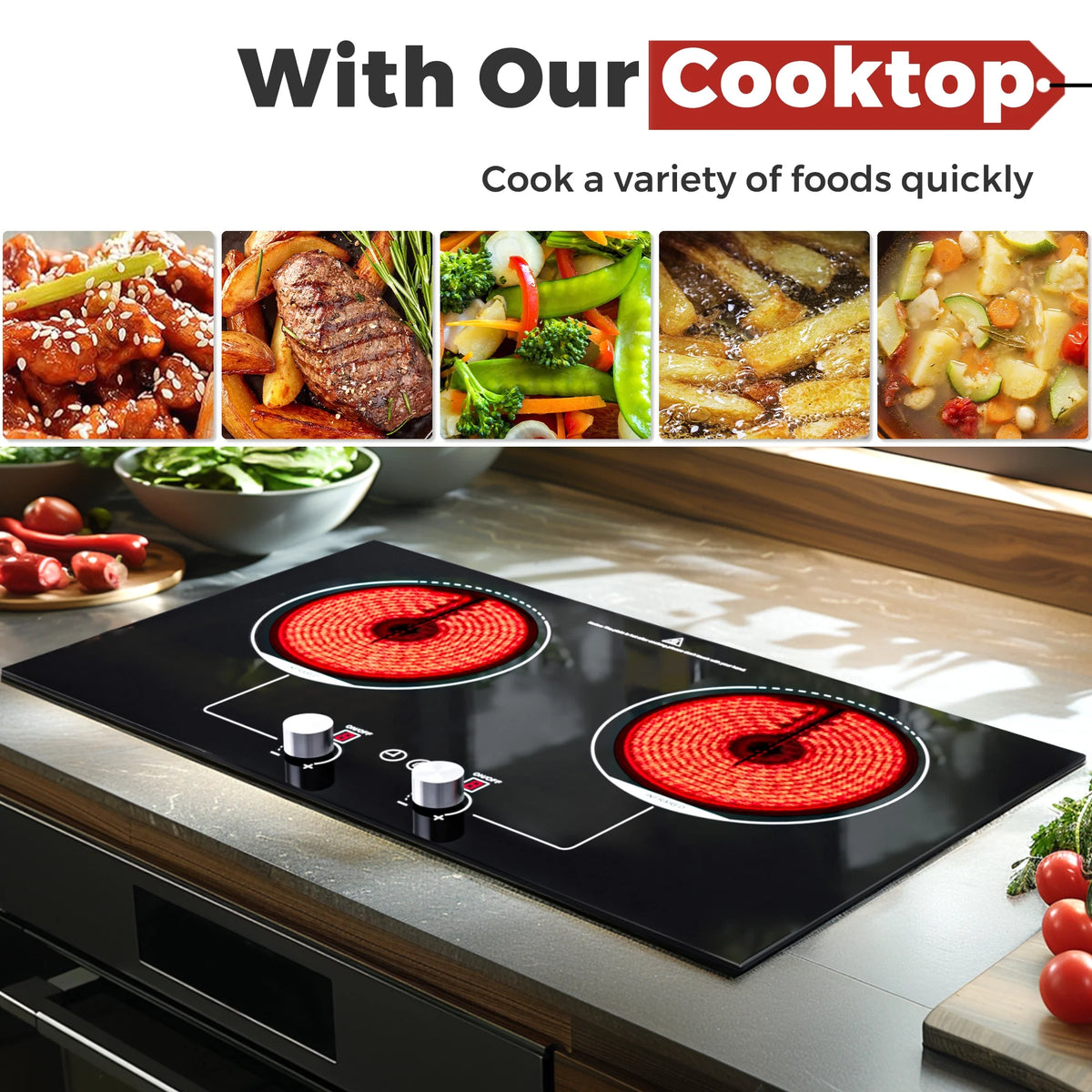 Advwin 2-Burner 1800W Electric Cooktop with Child Safety Lock, Timer & 10 Power Settings - 110V Countertop Stove