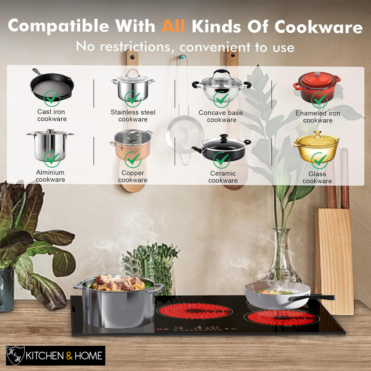 K&H German Designed 5 Burner 30 inch Built-in Electric Stove Top Radiant Ceramic Kitchen Cooktop Touch Control 240V 9000W CE30-8808NF