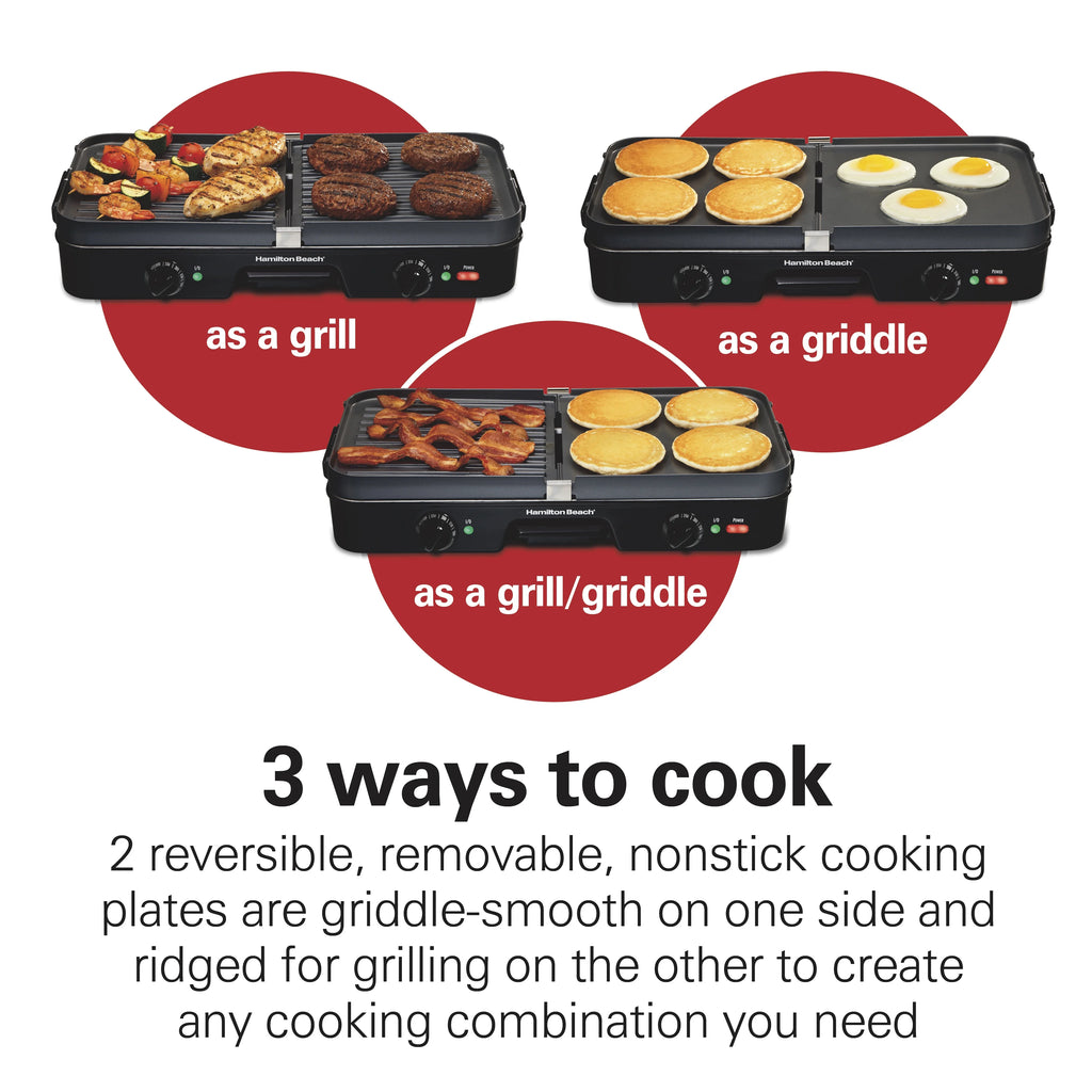 Hamilton Beach 3-in-1 Electric Griddle and Indoor Grill, Nonstick, Black