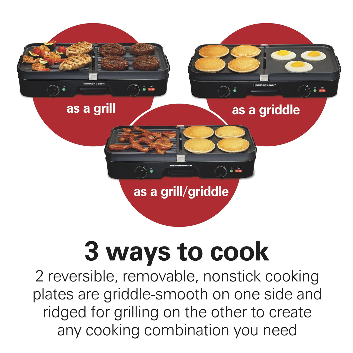 Hamilton Beach 3-in-1 Electric Griddle and Indoor Grill, Nonstick, Black
