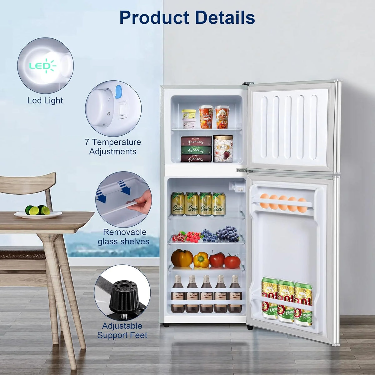 Kcpolre 4.8 Cu.ft Refrigerator with Freezer, 2-Door RV Fridge with Adjustable Thermostat, Compact Refrigerator with Freezer for Home, Kichen, Apartment, Office, Silver