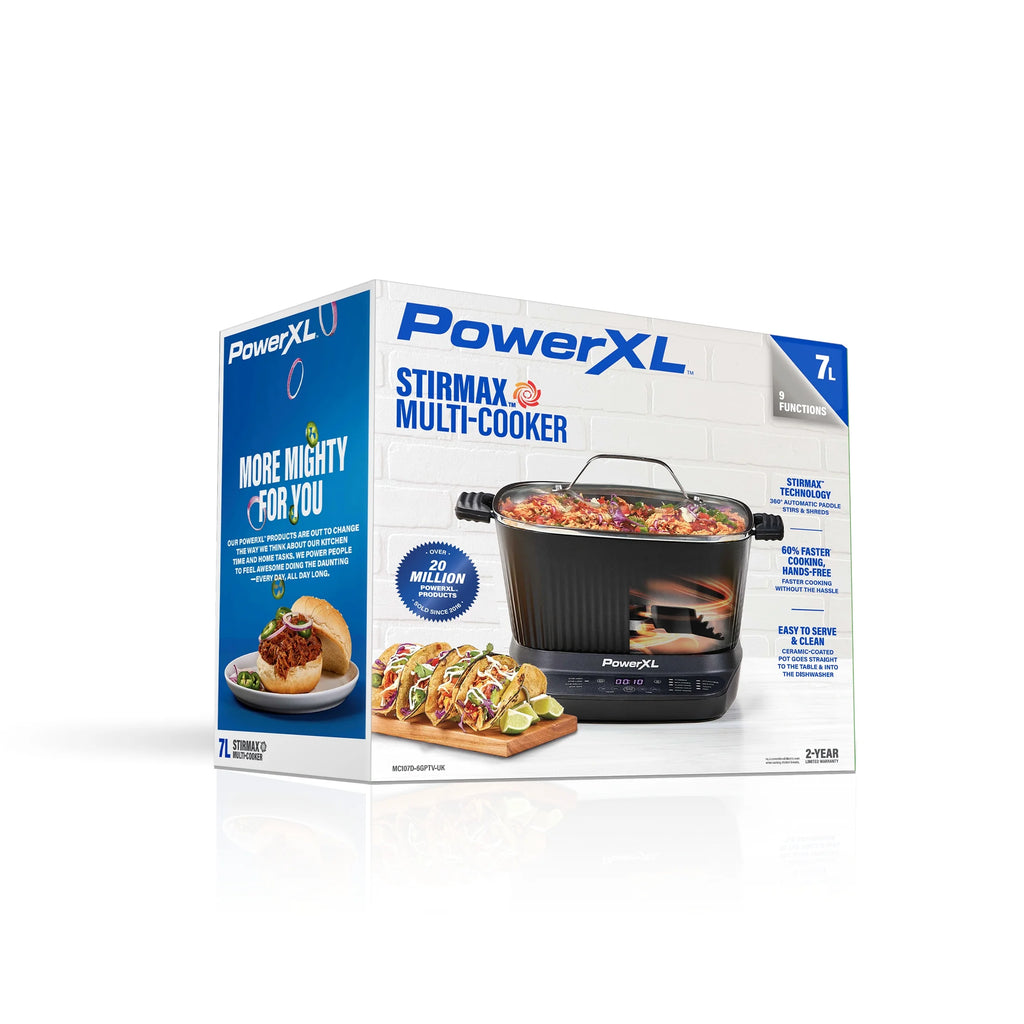Power XL StirMax 7.5 Qt Multi-Cooker with Auto Stir/Shred Paddle and 9 Presets, Matte Black