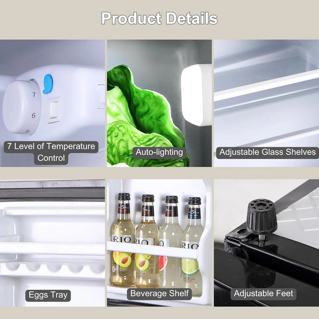 GGTB 3.5 Cu.Ft Fridge with Freezer, Double Door Refrigerator with 6 Level Thermostat, LED Light, Adjustable Glass Shelves for Bedroom, Office, Dorm, Apartment, Silver