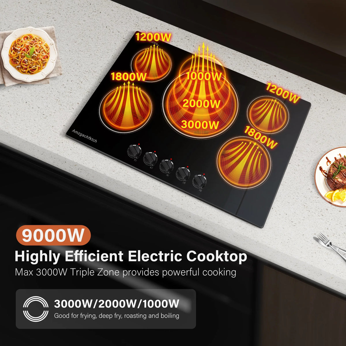 30in 5-Burner Built-In Electric Cooktop 9000W, Knob Control Ceramic Stove Easy Clean, No Radiation Family-Safe