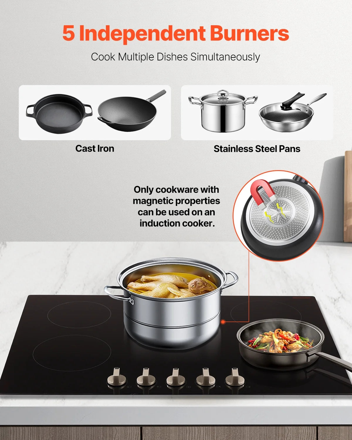 KFFKFF 30 Inch Induction Stove, 9200W Built-in Stove Top, 5 Burner Electric Cooktop with Knob Control Cooktop, 12 Power Levels Integrated Induction Stove with Glass Top, Automatic Power-Off