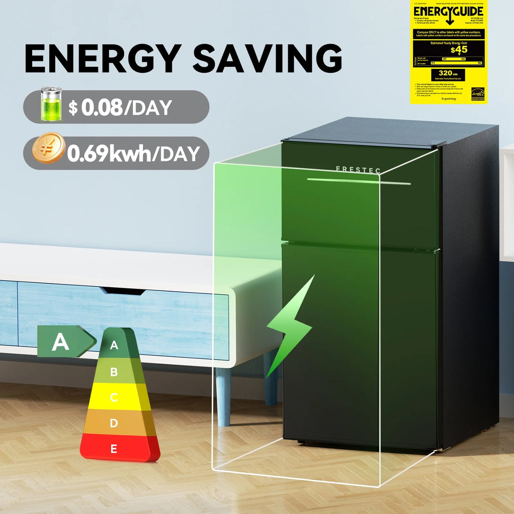 Frestec 3.2 Cu.Ft Compact Refrigerator, 2 Door, Black, Energy-Saving, Quiet, Mini Fridge