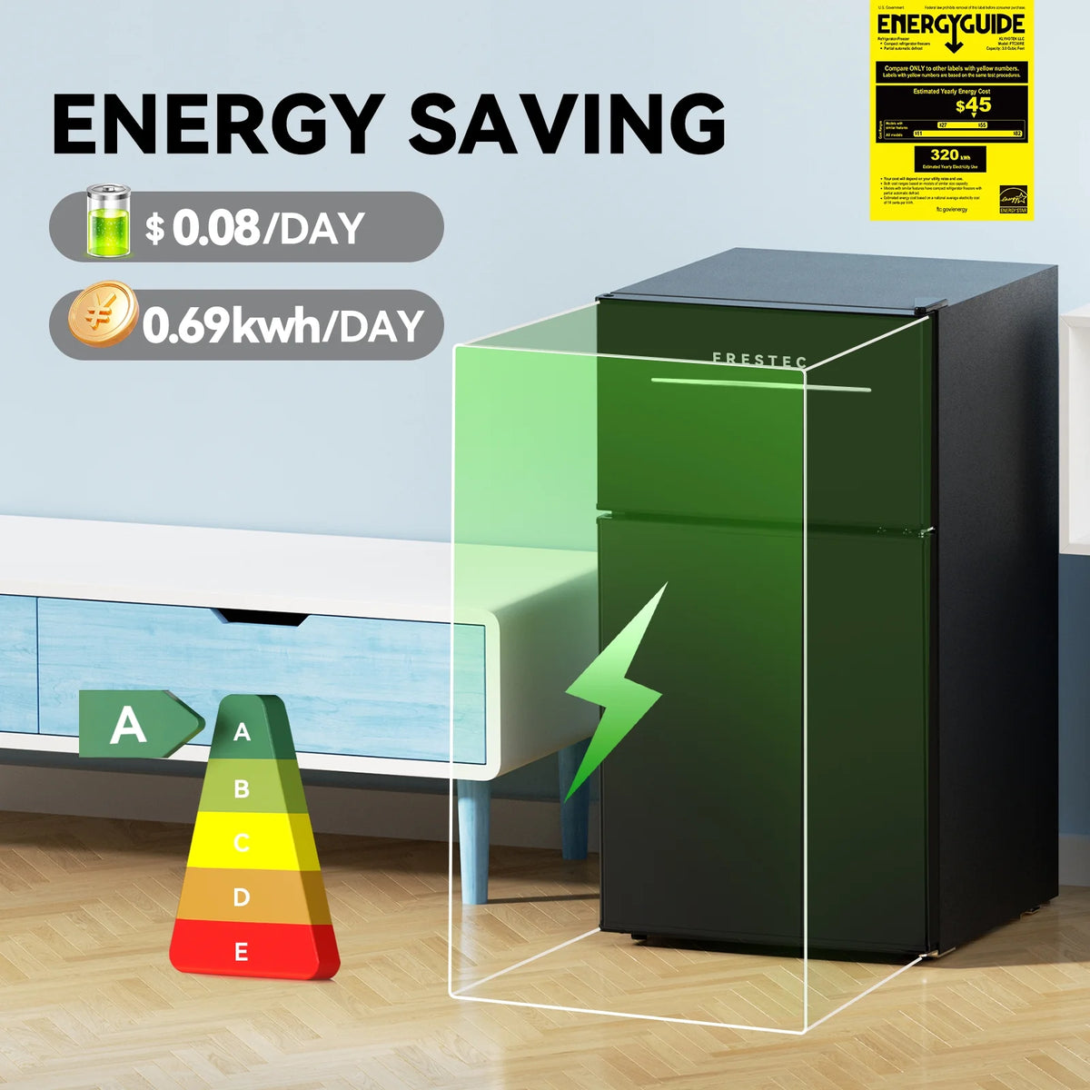 Frestec 3.2 Cu.Ft Compact Refrigerator, 2 Door, Black, Energy-Saving, Quiet, Mini Fridge