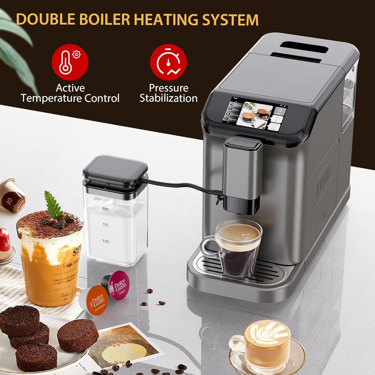AOILE 20-Bar Dual Boiler Espresso Machine, Self-Cleaning Coffee Maker with Grinder & LCD Touch Panel
