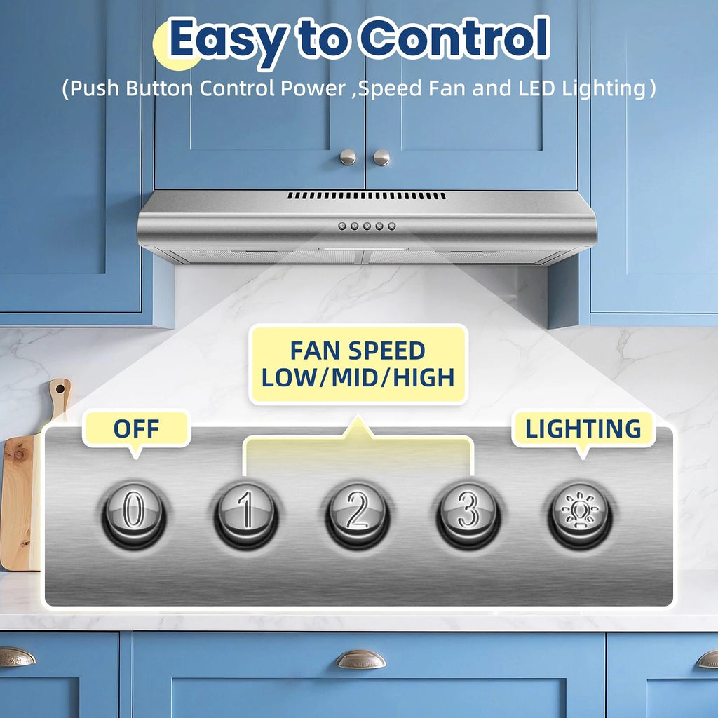24 inch Under Cabinet Range Hood Stainless Steel 280 CFM Kitchen Top Vent Cooking Hood Fan w/ LED light Carbon Filter