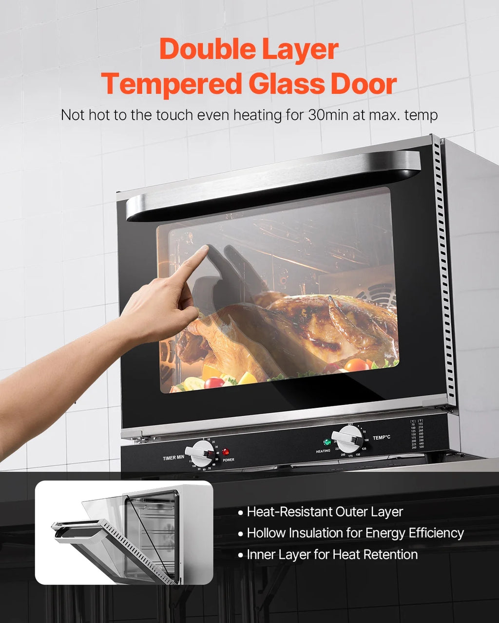 KFFKFF Professional Counter-Top Oven, 66L 4-Level Roasting Oven, 2800W Electrical Cooking Oven with Reinforced Glass Door, Wire Shelves, Clip Tray, Gloves, Stainless Steel Industrial Oven