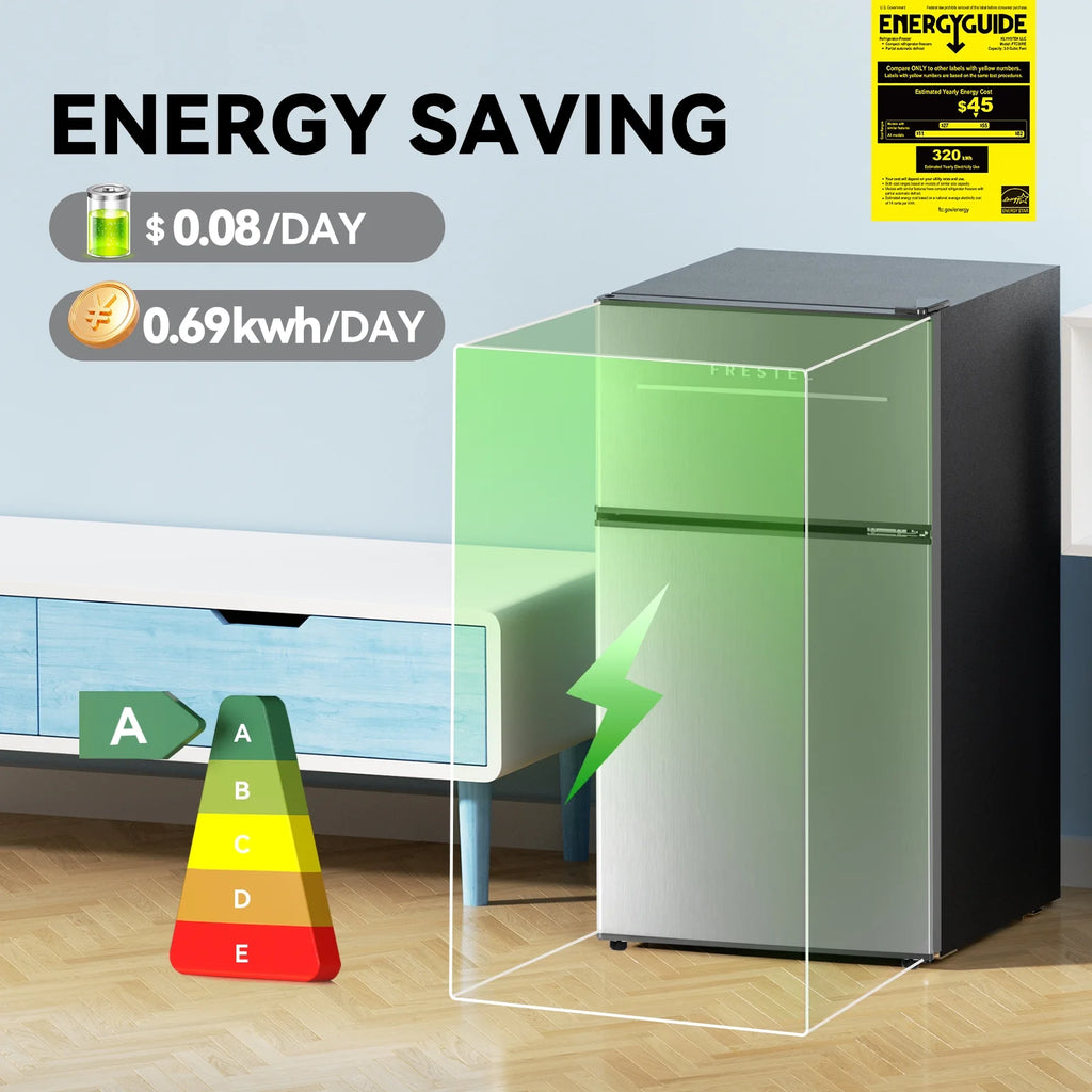 Frestec 2-Door Mini Fridge - 3.2 Cu Ft, Energy Star Rated, Perfect for Dorm or Apartment,Stainless Steel