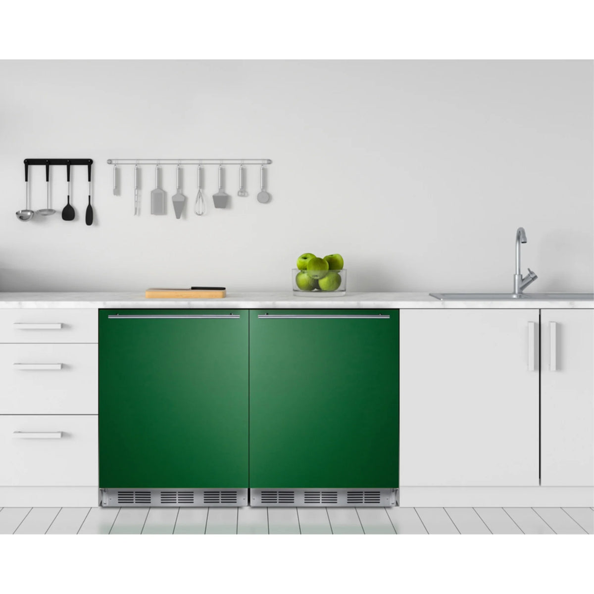Undercounter 24" all-refrigerator for residential use with lavender purple door, stainless steel handle, and black cabinet