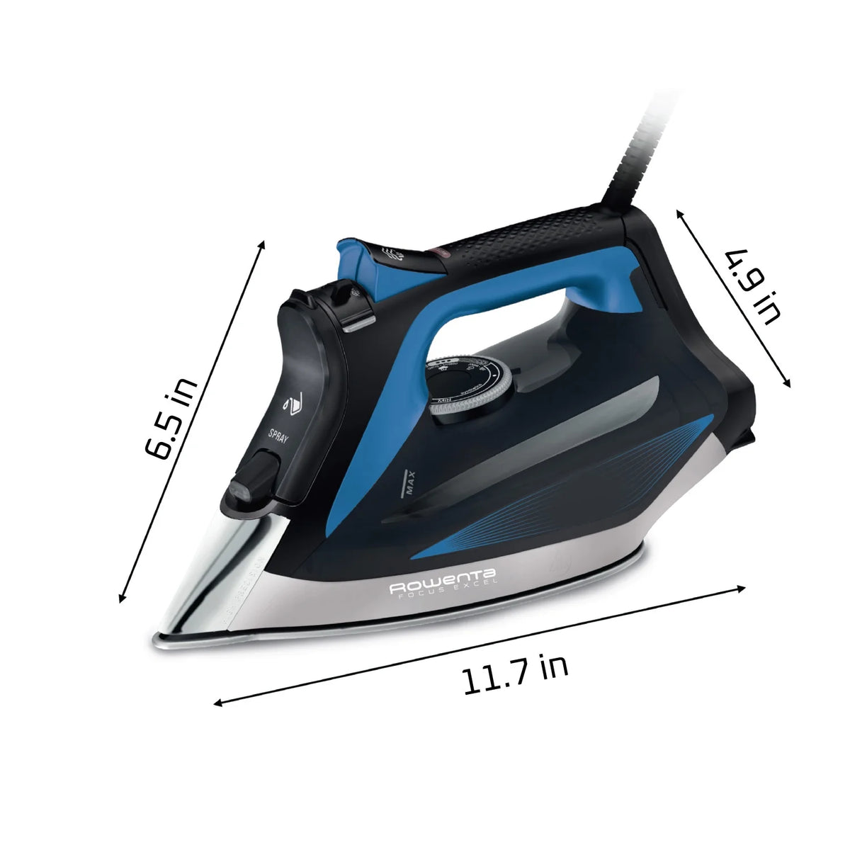 Rowenta Focus Excel Steam Iron for Clothes, Stainless Steel Soleplate, 1750 Watts, Black & Blue, DW5280