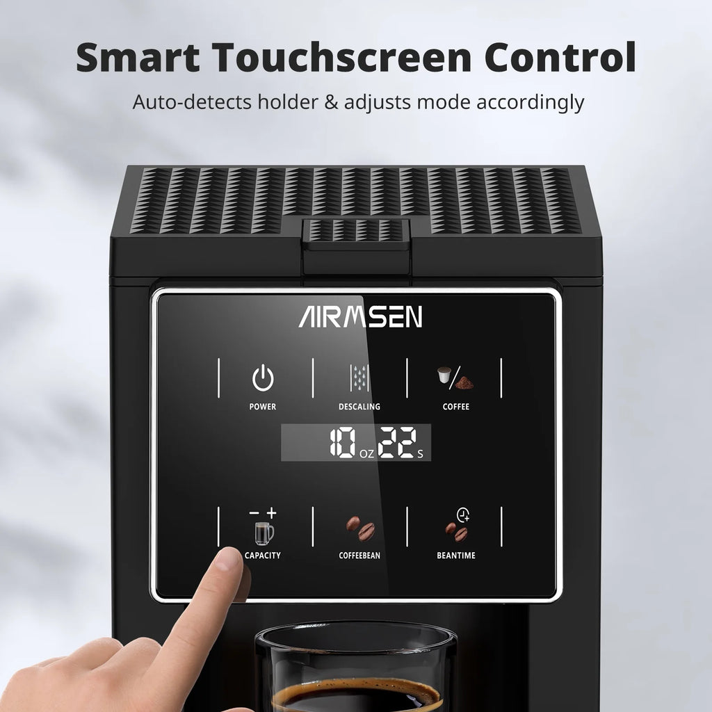 AIRMSEN 4 in 1 Single Serve Coffee Maker with Grinder, K Cup Coffee Machine Compatible with Grounds and Beans, Instant Coffee Pot with 5 Grind Levels & 6-14oz Cup Sizes, BPA-Free