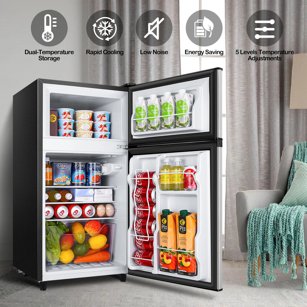 WANAI Two-Door Mini Fridge with Freezer, Silvery, 3.5 Cu ft