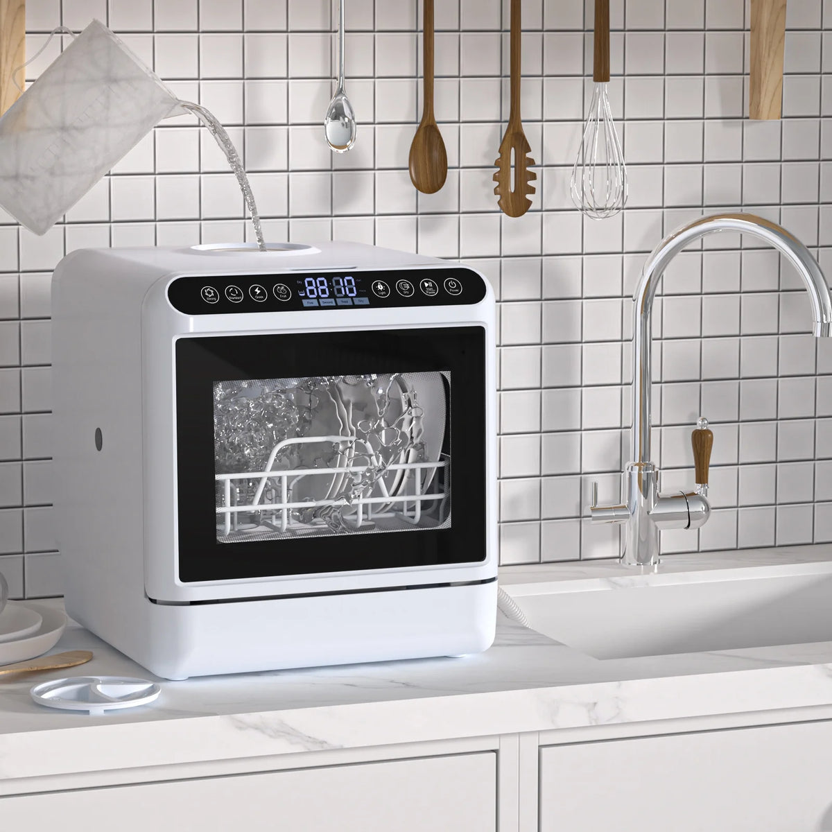 Happydeer Mini Dishwasher with a Built-in 5L Water Tank, No Hookup Needed, 2-Tier Rack, 3-Spray Arm, Air-Dry Function, Automatic Smart Portable Countertop Dishwasher