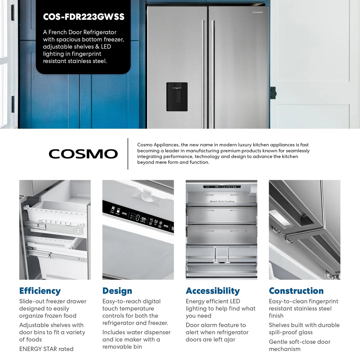 22.4 cu. ft. 3-Door French Door Refrigerator Water Dispenser in Stainless Steel