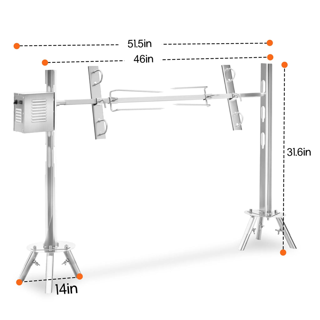 LUXOAK Electric BBQ Rotisserie Grill Kit, 46" 132 Lbs Capacity, 45W Motor, Height-Adjustable Stainless Steel Pig Roaster with Triangular Stability Support Stand for Pig Lamb