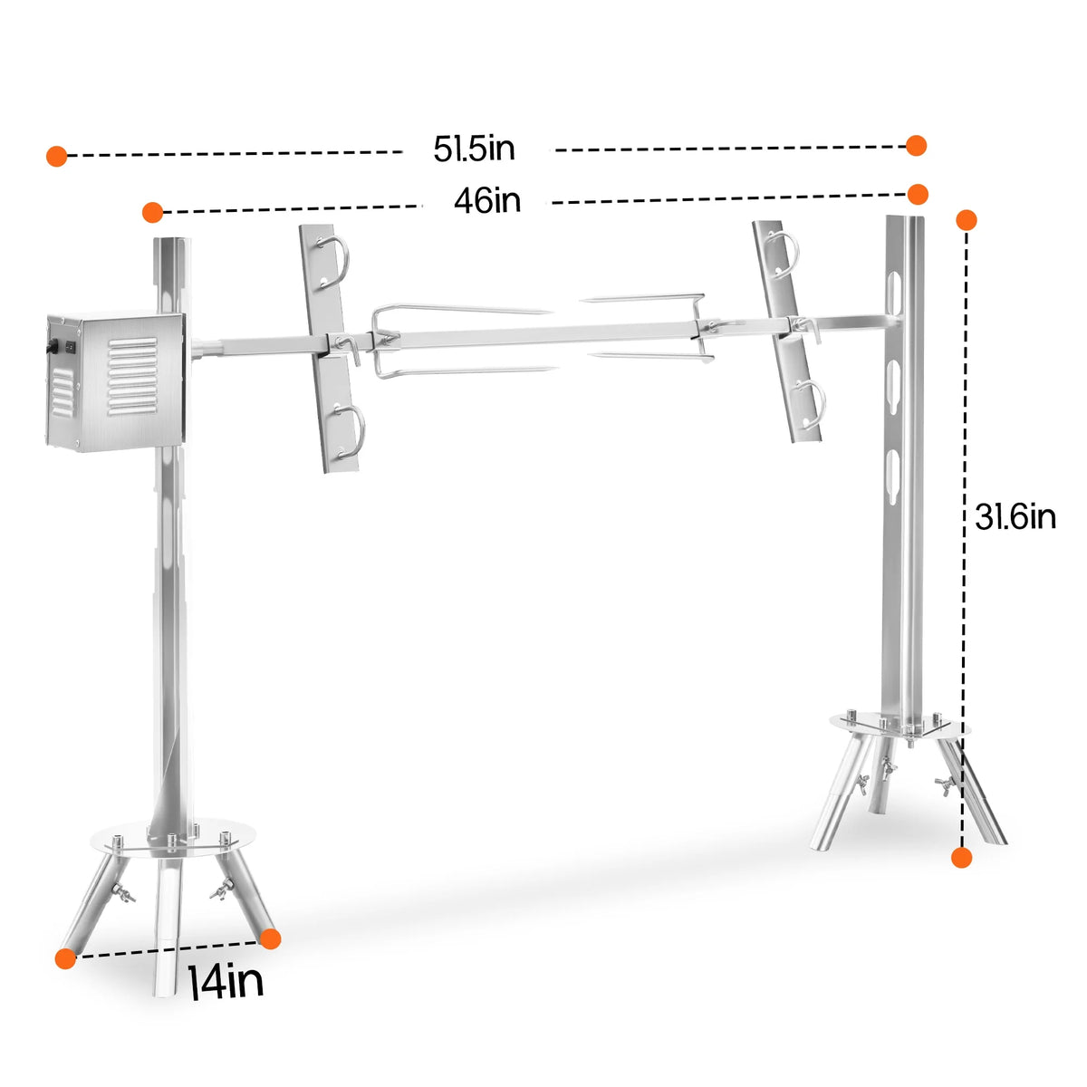 LUXOAK Electric BBQ Rotisserie Grill Kit, 46" 132 Lbs Capacity, 45W Motor, Height-Adjustable Stainless Steel Pig Roaster with Triangular Stability Support Stand for Pig Lamb