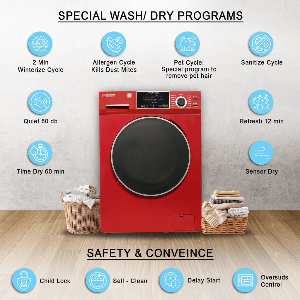 Equator All-in-One Washer Dryer VENTLESS/VENTED PET cycle 1.62cf/15lbs 110V in Merlot