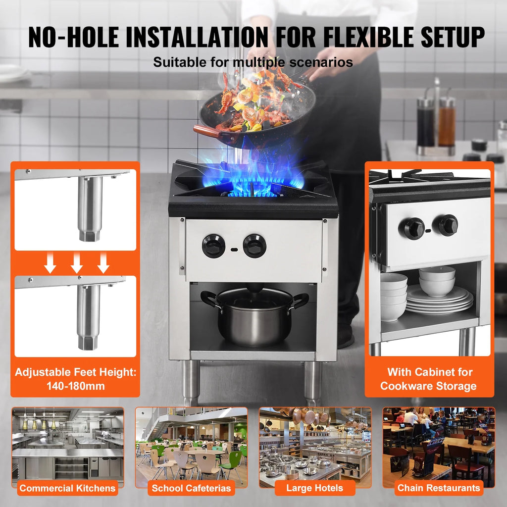 KFFKFF Gas Range for Commercial Kitchens, Dual Fuel Support with Propane & Natural Gas, Stainless Steel Countertop Burner, 90,000 BTU, Includes Storage Cabinet, Ideal for Restaurants