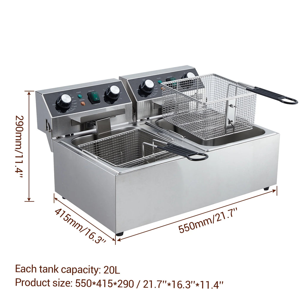 Yesurprise 6/10/12L Commercial Electric Deep Fryer Dual Tank w/Basket & Lid Countertop Stainless Steel Deep Fryer for Large Tank French Fries Onion Rings