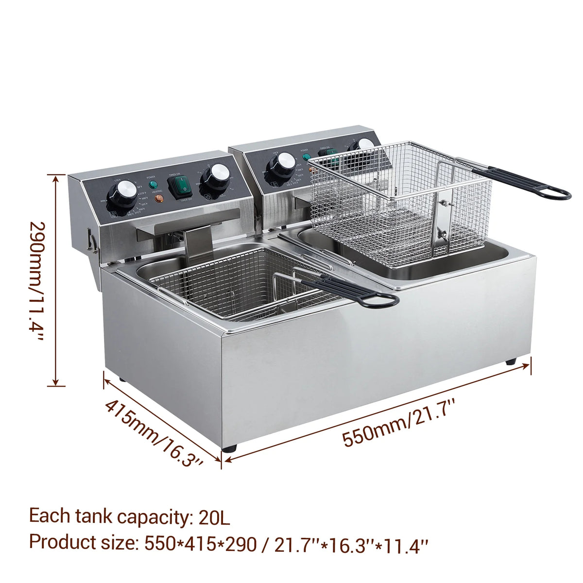 Yesurprise 6/10/12L Commercial Electric Deep Fryer Dual Tank w/Basket & Lid Countertop Stainless Steel Deep Fryer for Large Tank French Fries Onion Rings